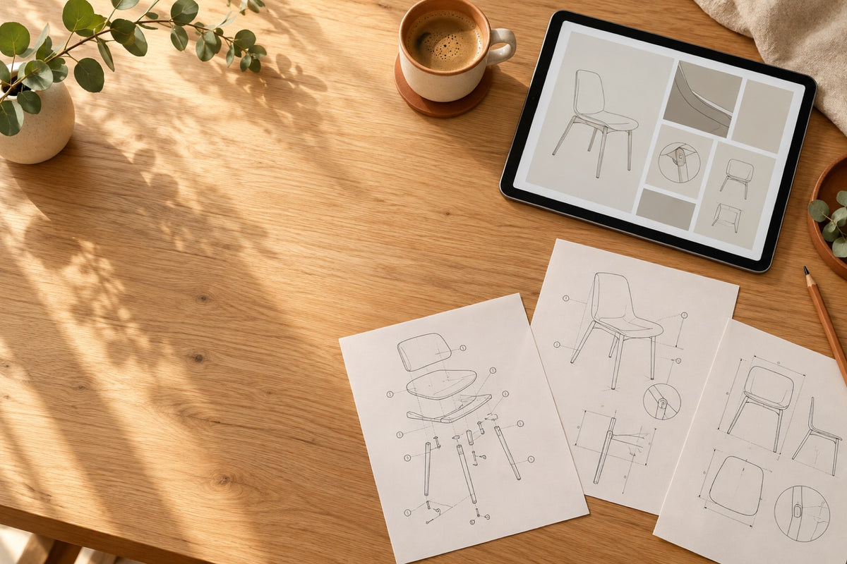 Scrivania in legno con tablet e fogli stampati